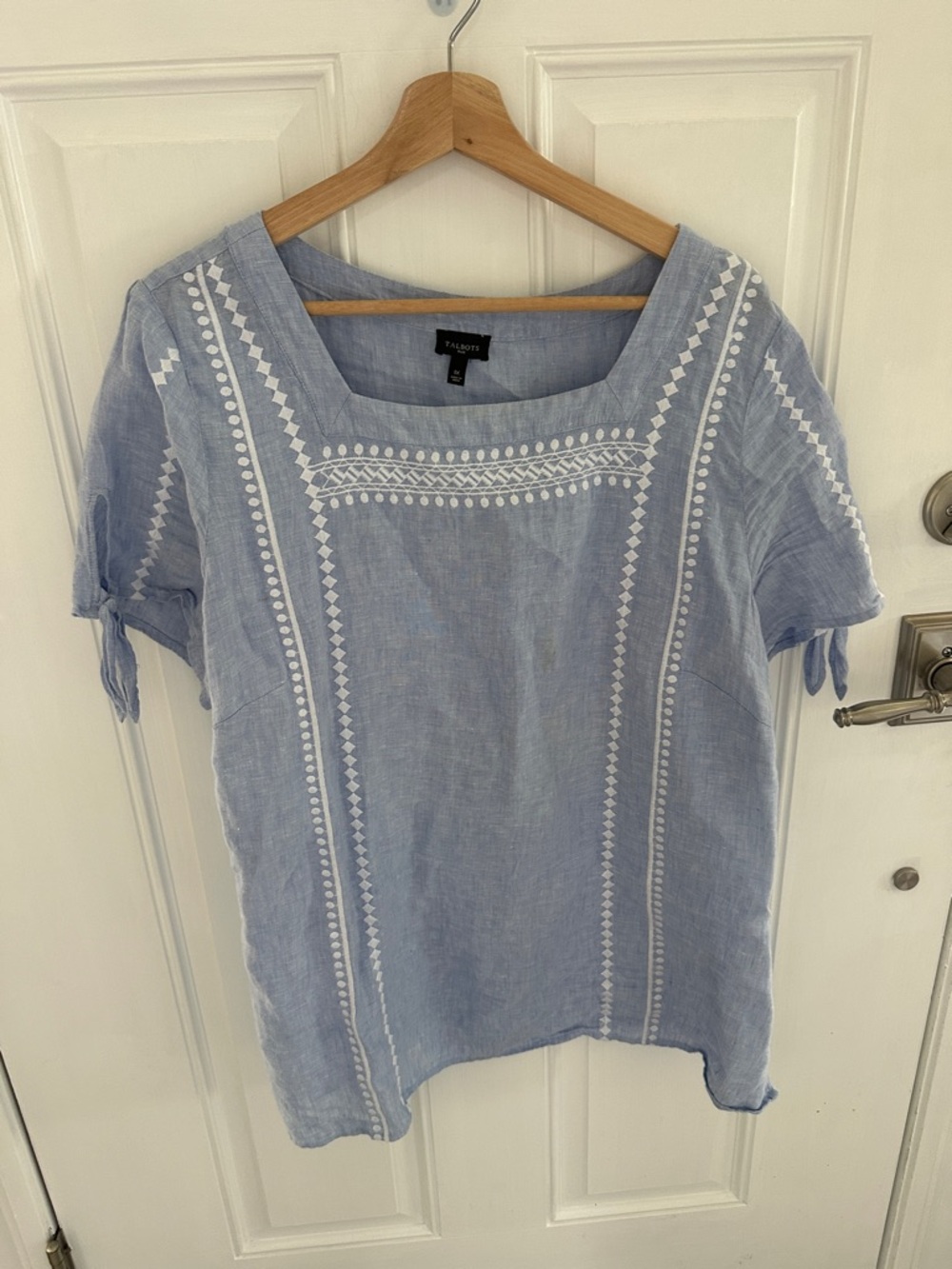 Talbots Light Blue Embroidered Square-Neck Linen Blend Top